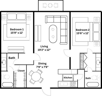 A black and white floor plan of a house with two bedrooms and a living room.
