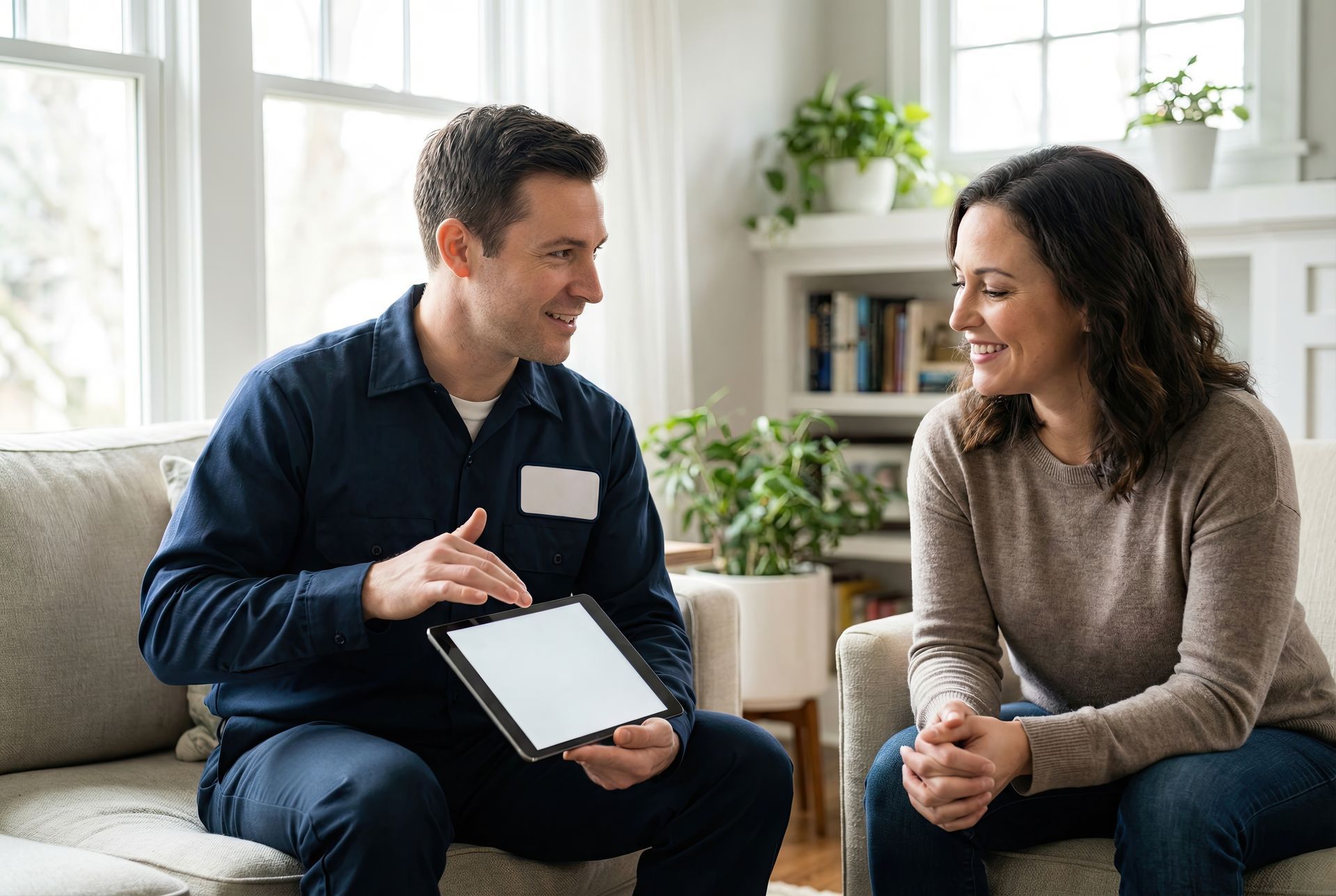 A person with blonde hair and glasses wearing a gray blazer, resting their chin on their hand in a softly lit room.