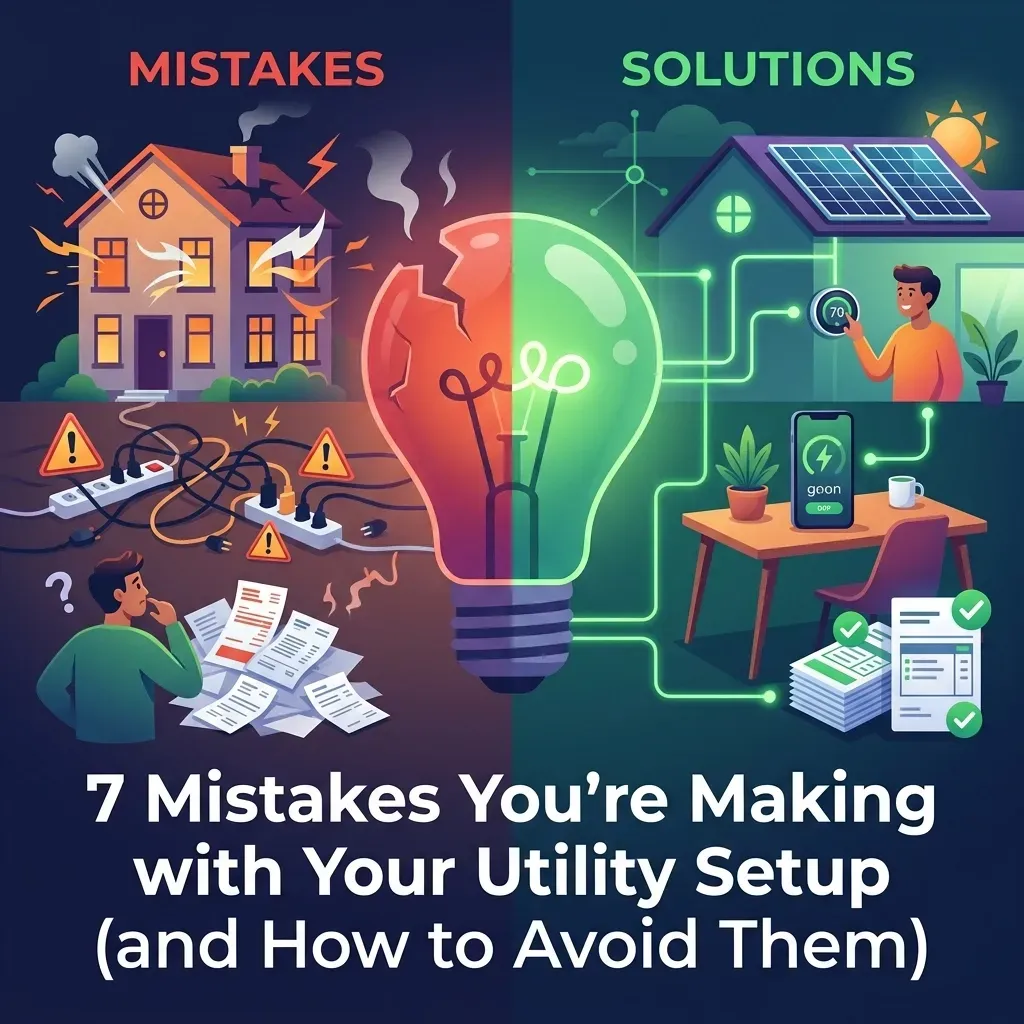 A stressed homeowner sitting among moving boxes, highlighting common utility setup mistakes.