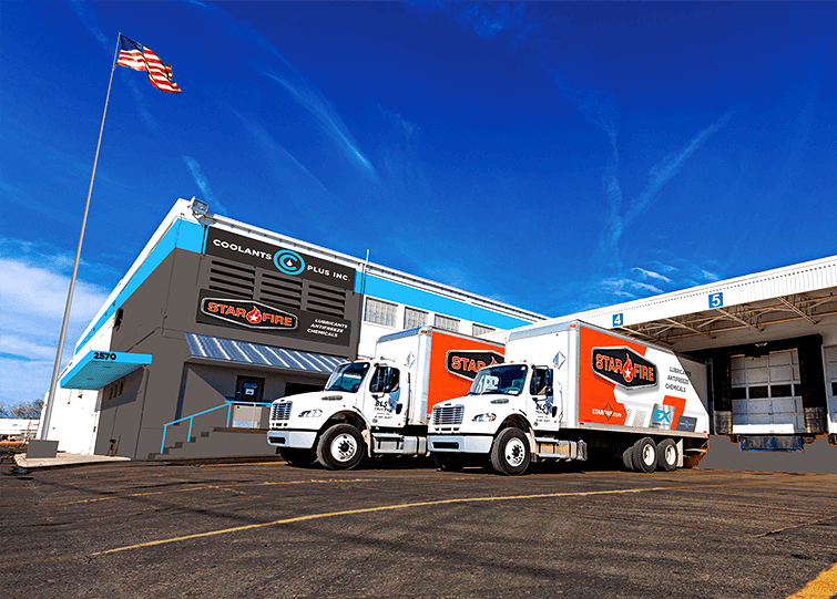 2 STARFIRE box trucks parked in front of the Coolants Plus building