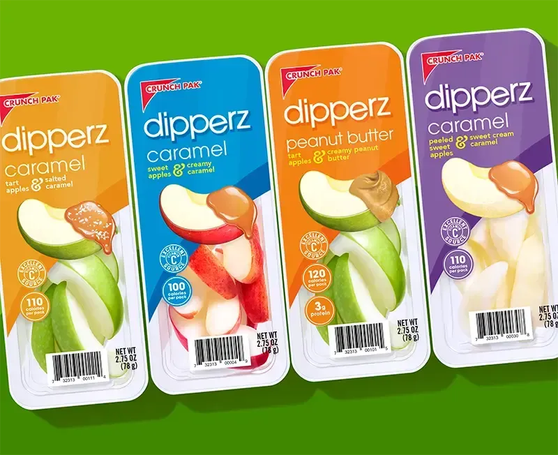 Four packages of Dipperz apple slices in different flavors