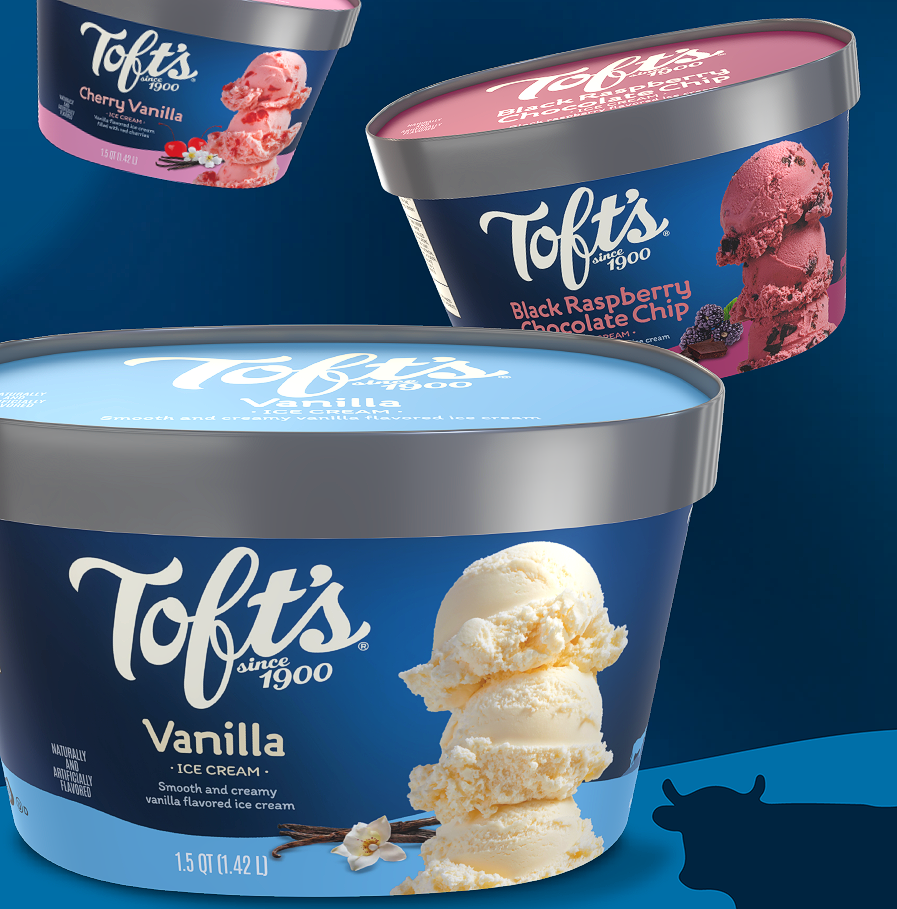 Three different flavors of Toft 's ice cream on a blue background