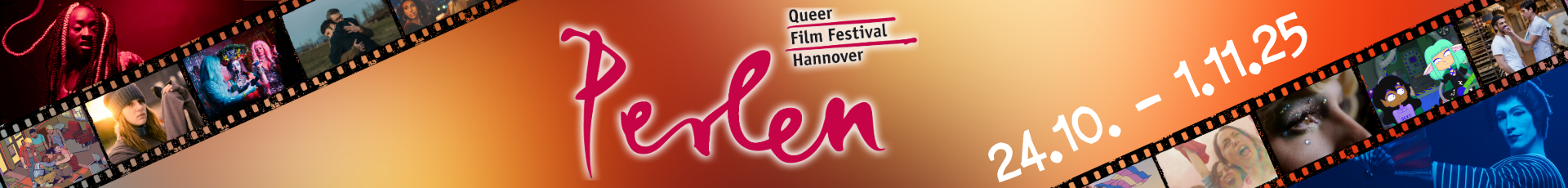 Das Wort Perlen - Queer Film Festival steht mit der Datumanskündigung für 2025 auf einem bunten Hintergrund