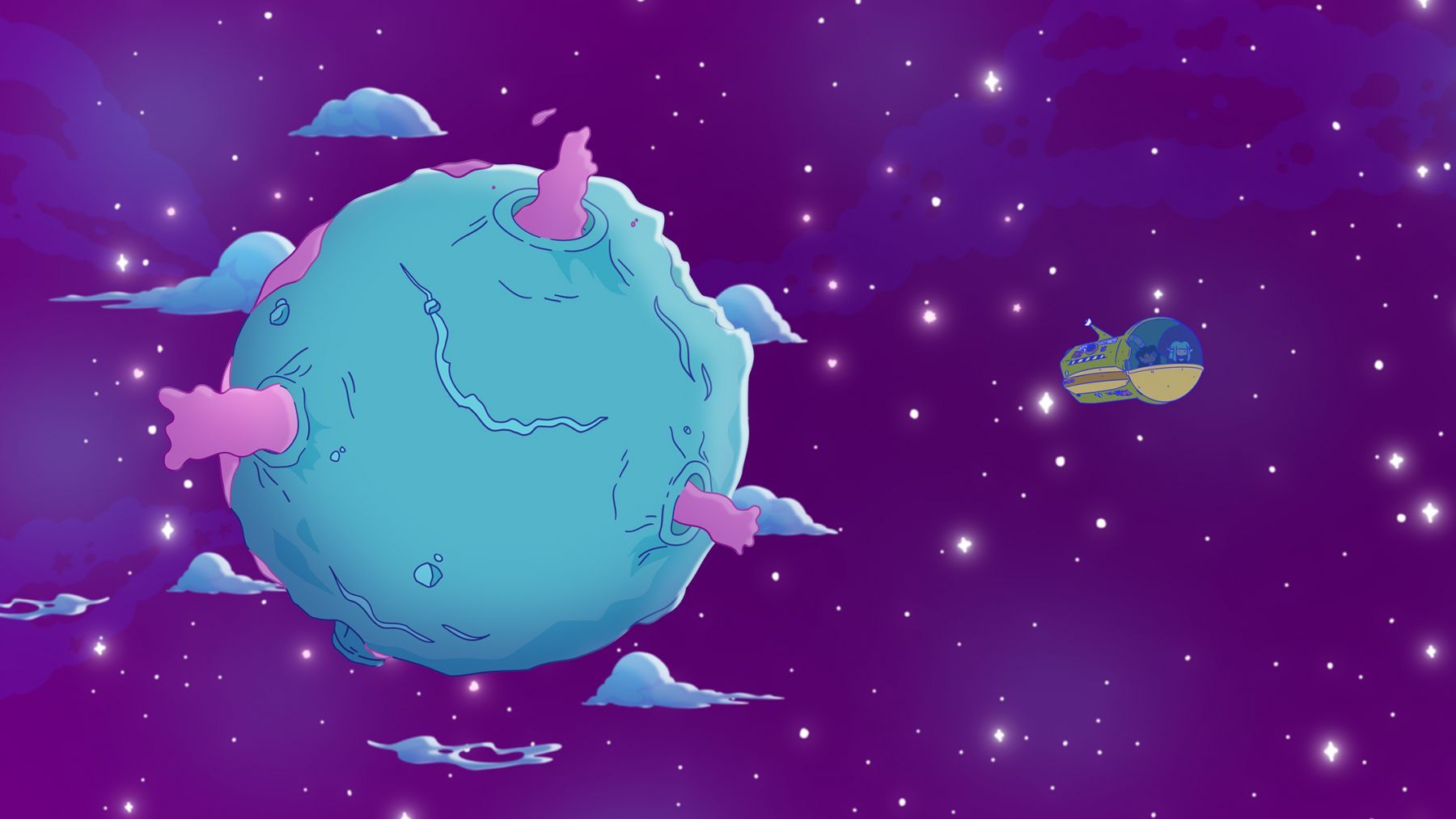 Blauer, pixeliger Planet mit rosa Flecken und Wolken im Weltraum, ein Schiff fliegt vorbei.