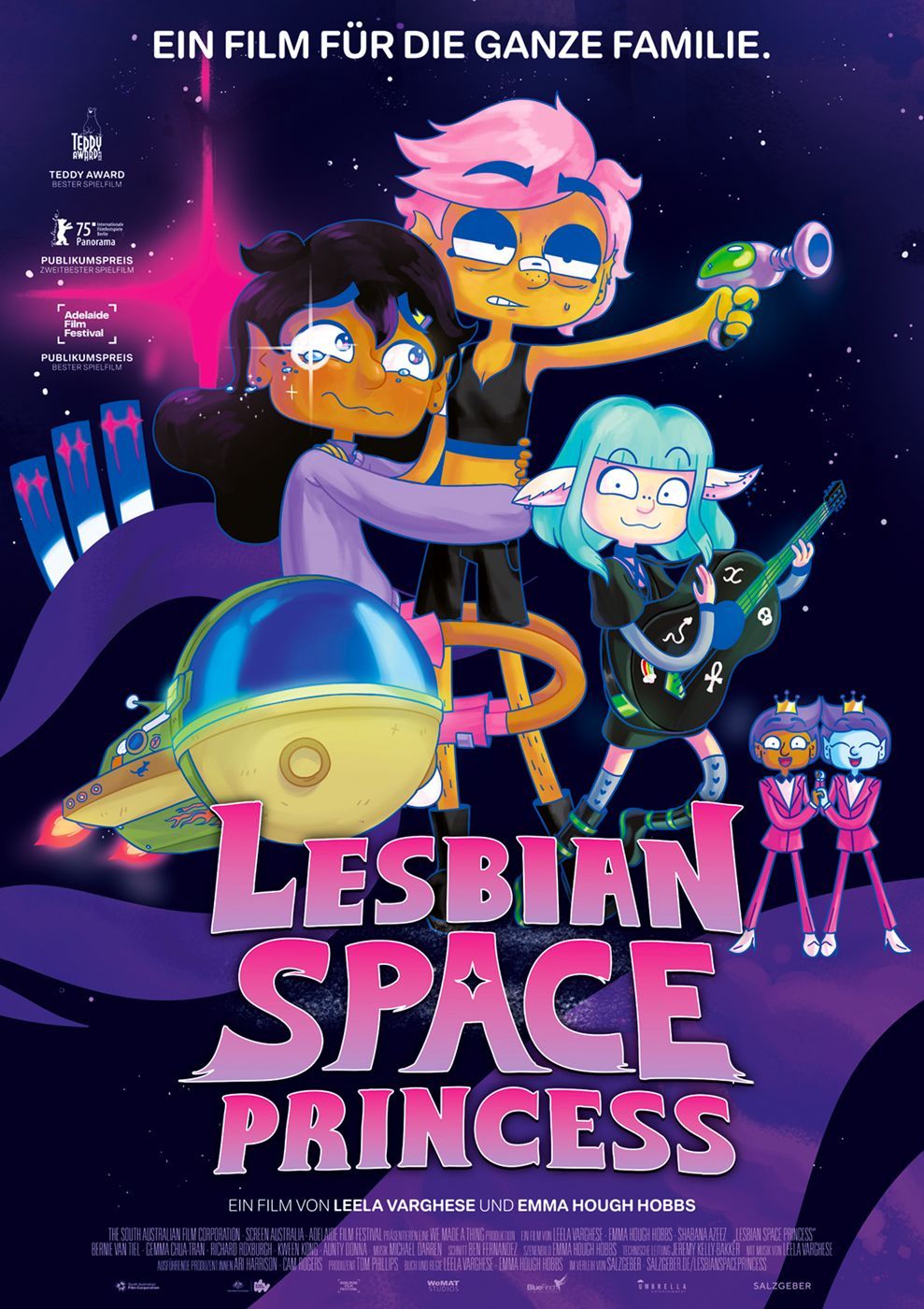 Poster für „Lesbian Space Princess“. Drei Cartoon-Mädchen in Weltraumausrüstung, eines mit rosa Haaren, halten ein Raumschiff.