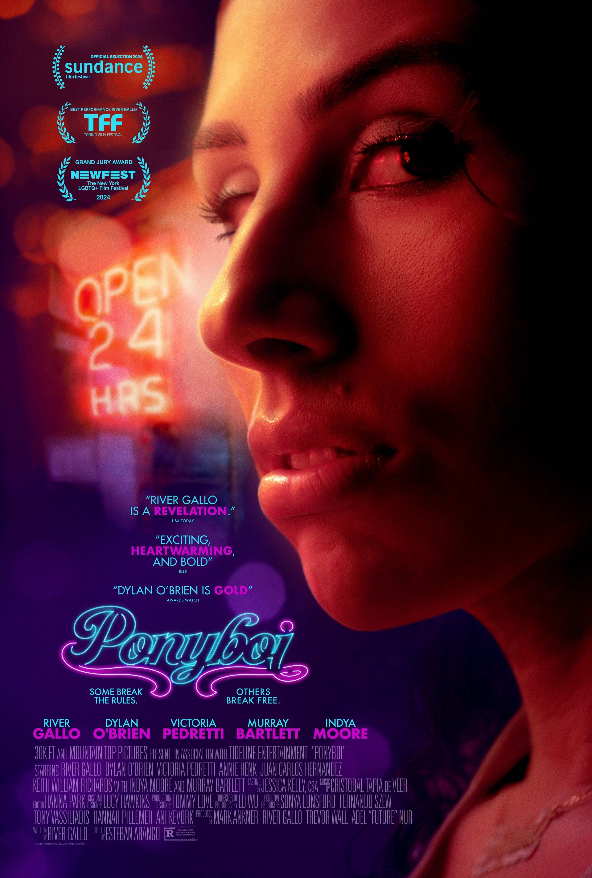 Poster des Films „Ponyboi“, eine Person im Profil mit Neonlichtern, dunkle Umgebung, violette und rote Farbtöne.
