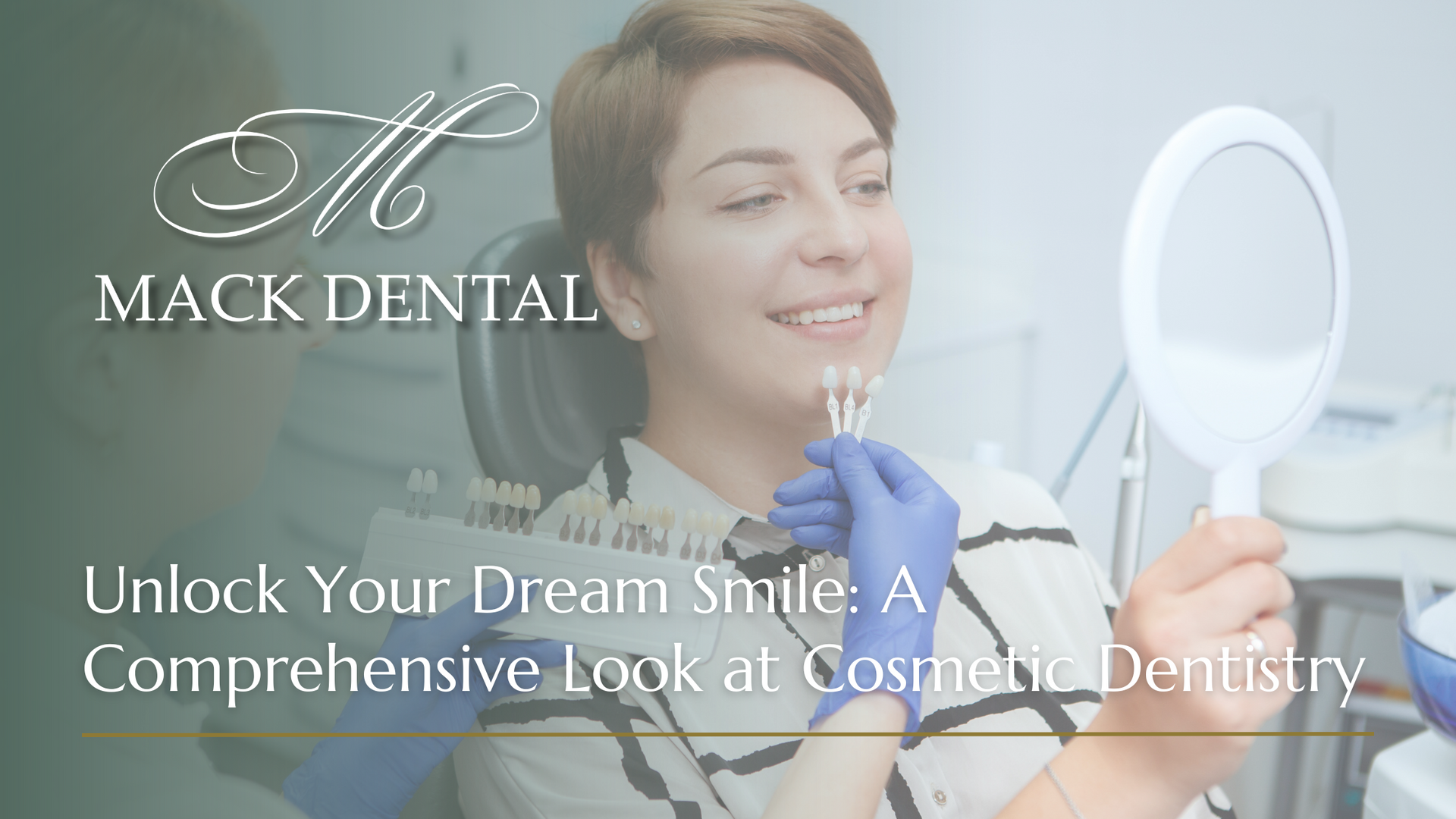 a woman in a dental chair looking at her smile in a mirror