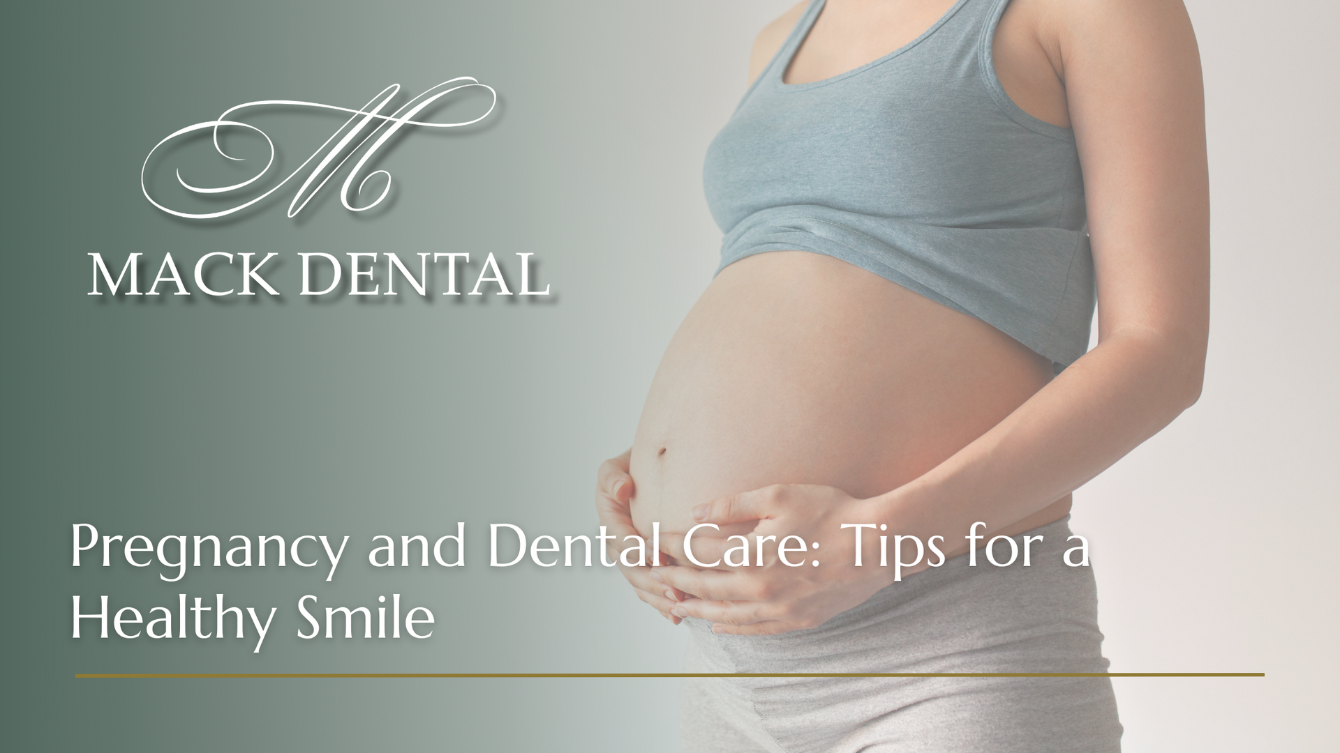 A pregnant woman is holding her belly in front of a mack dental ad