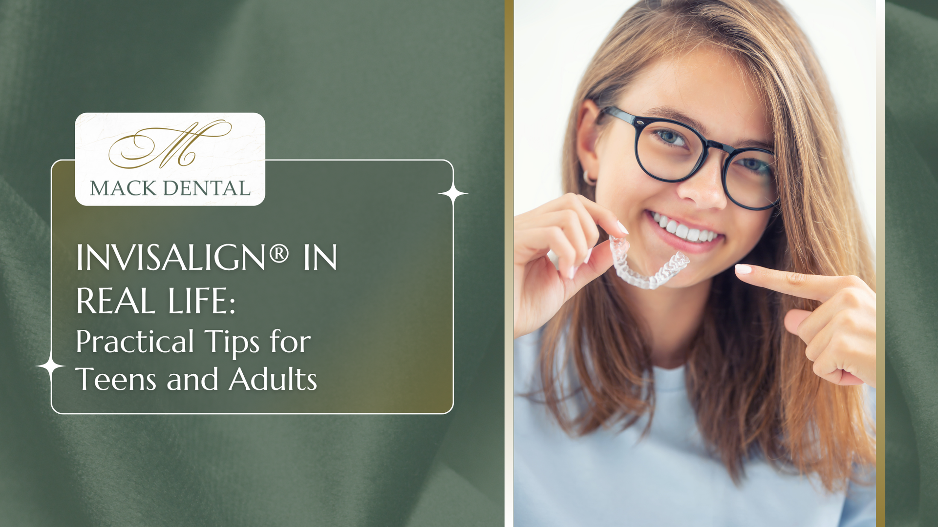 Young woman with glasses holding Invisalign aligner, smiling. Text: Invisalign in Real Life: Practical Tips.