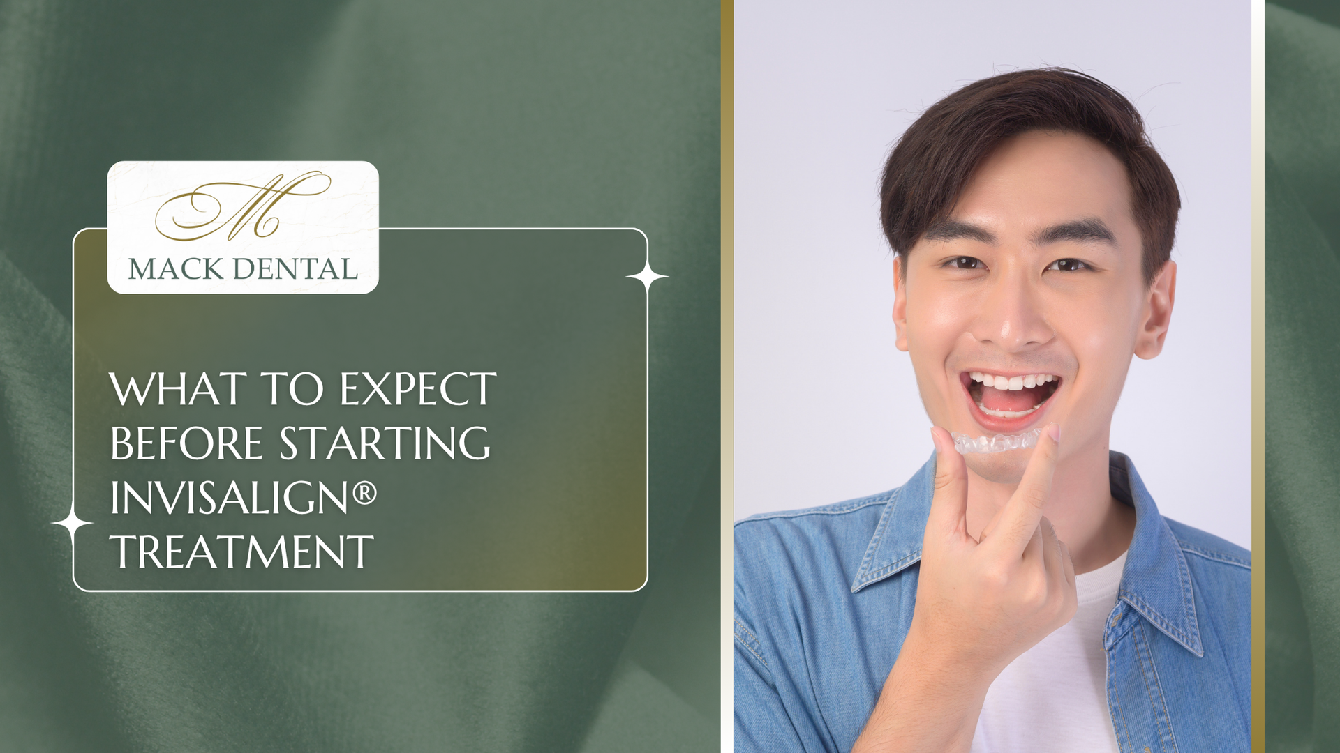 Man smiling, holding Invisalign aligner; text: