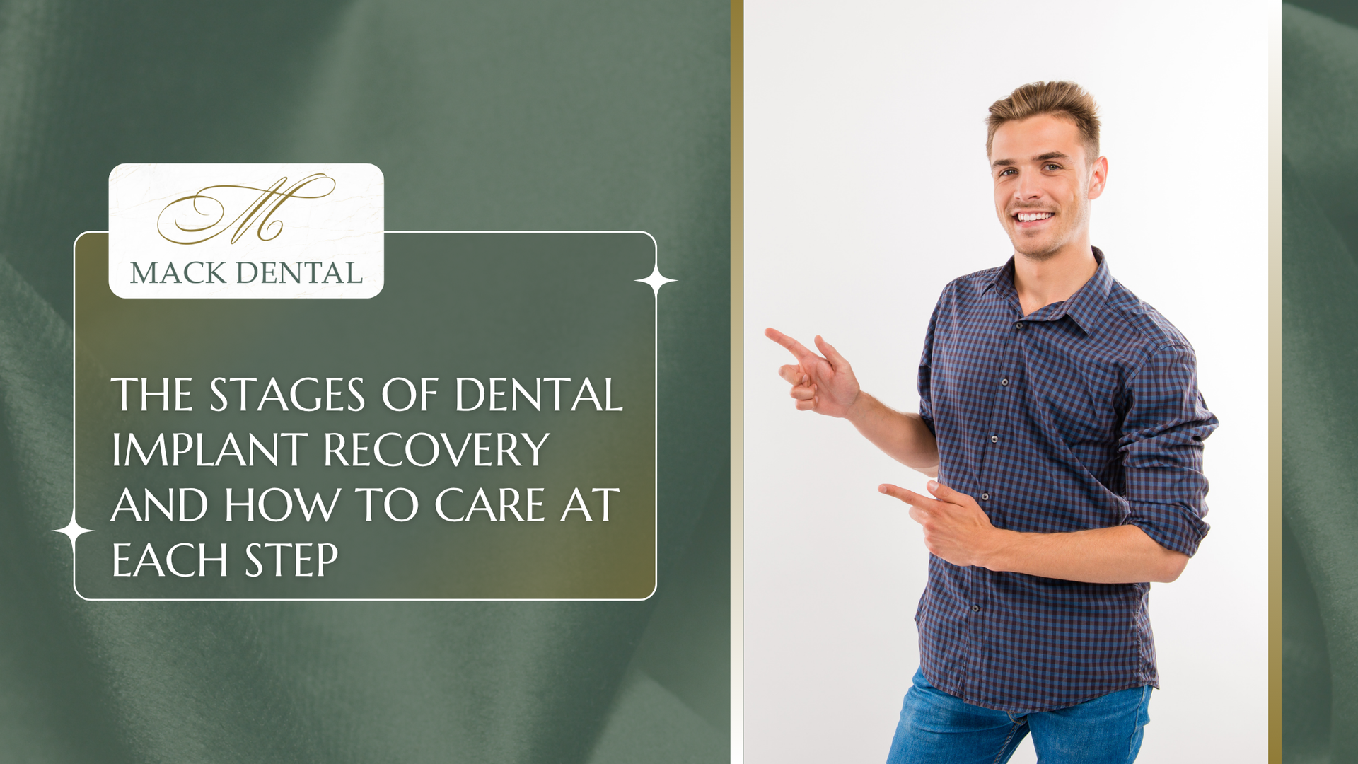Man pointing at text on dental implant recovery. Green background with logo.