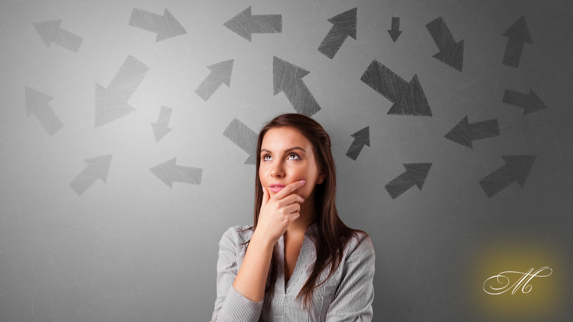 A woman is looking up at arrows pointing in different directions.