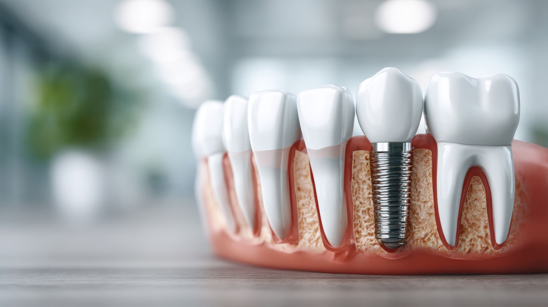 A dental model showing a metal implant post replacing a tooth root, set in a gum-like base with surrounding teeth.