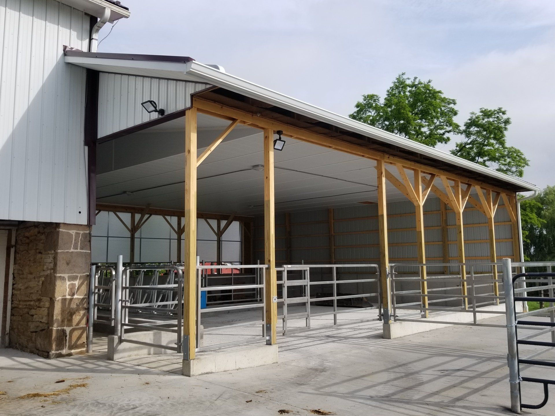 Exterior of a barn with a wooden canopy. Light-colored siding and roof. Metal livestock gates and concrete floor.
