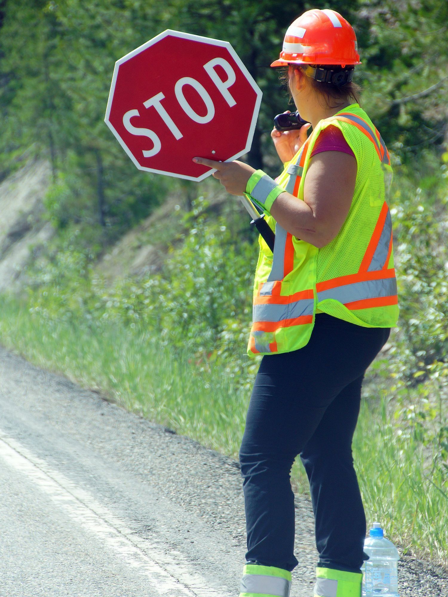 Person in safety vest and orange hard hat holding a stop sign on a road.