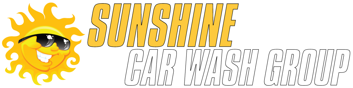 The logo for sunshine car wash has a smiling sun wearing sunglasses.
