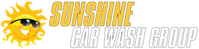The logo for sunshine car wash has a smiling sun wearing sunglasses.