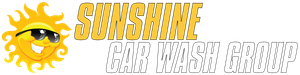 The logo for sunshine car wash has a smiling sun wearing sunglasses.