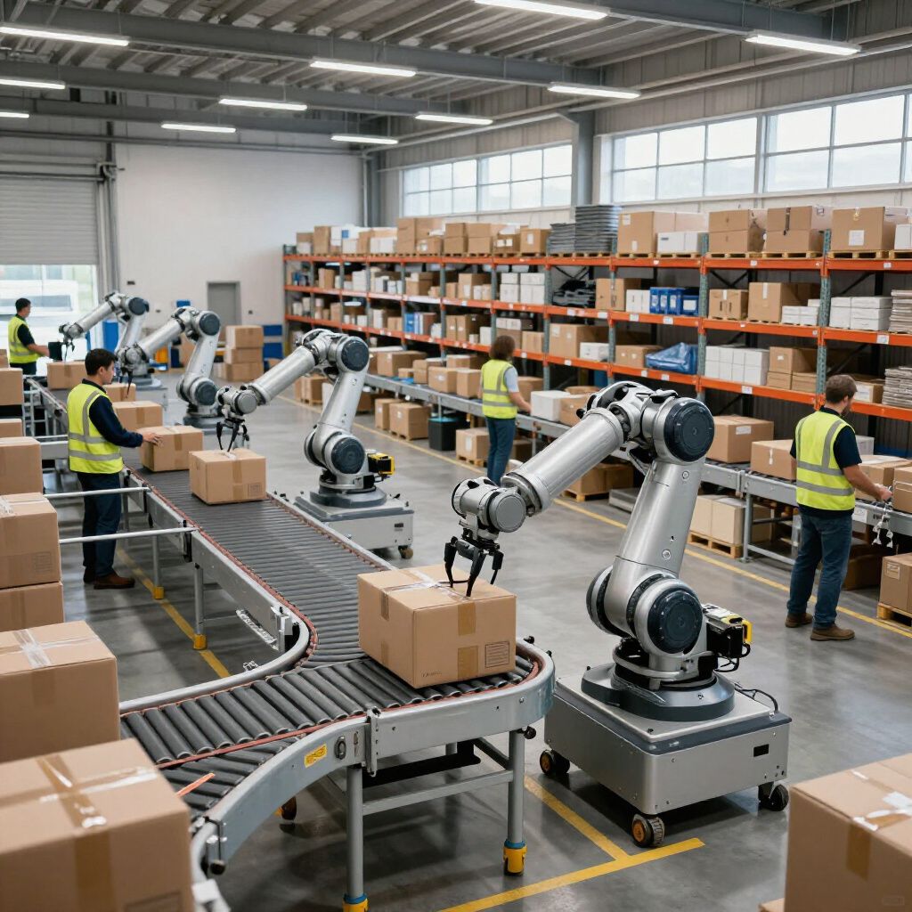 Robots and workers in a warehouse sort boxes on a conveyor belt.