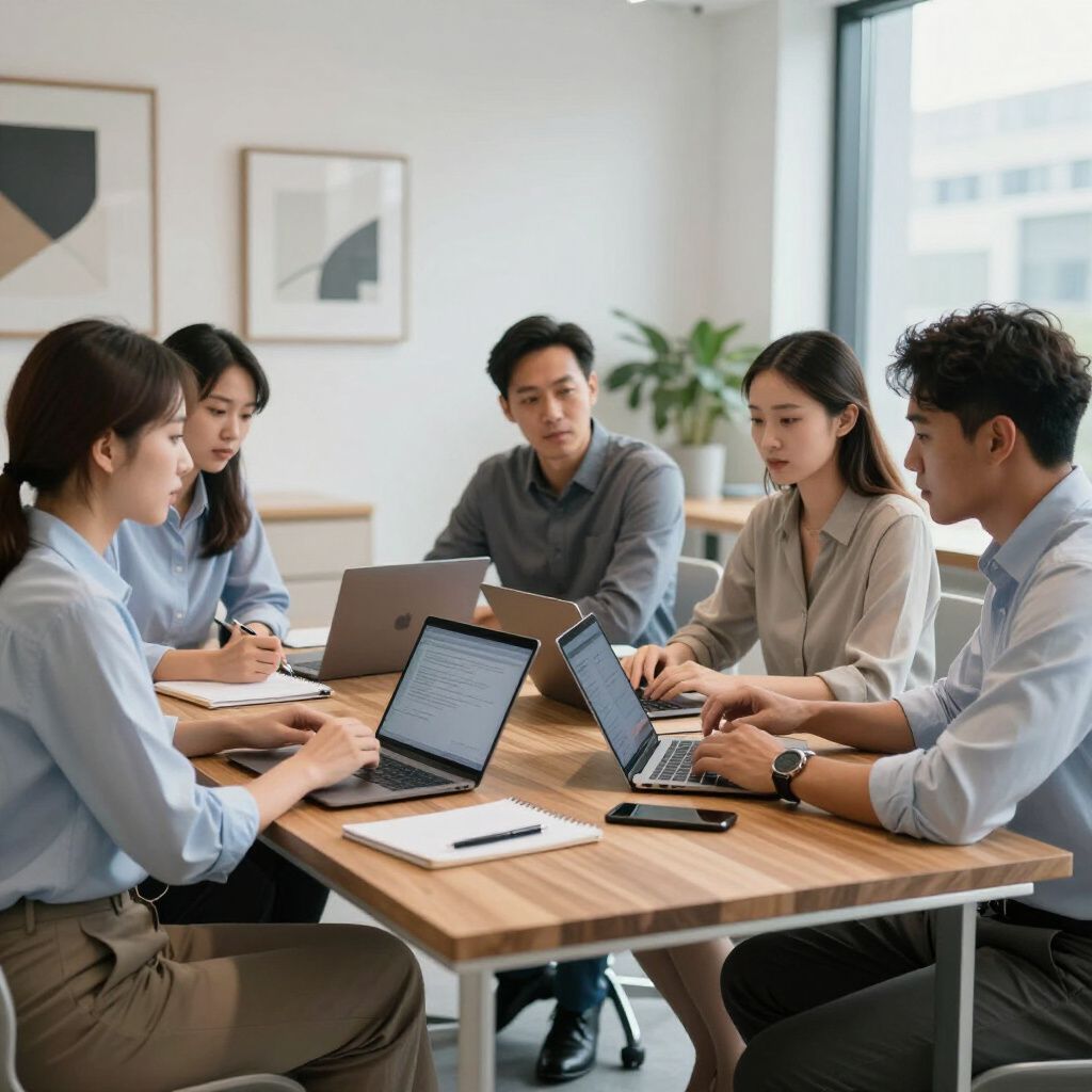 A group of people are working around a table with laptops, in a bright office space.