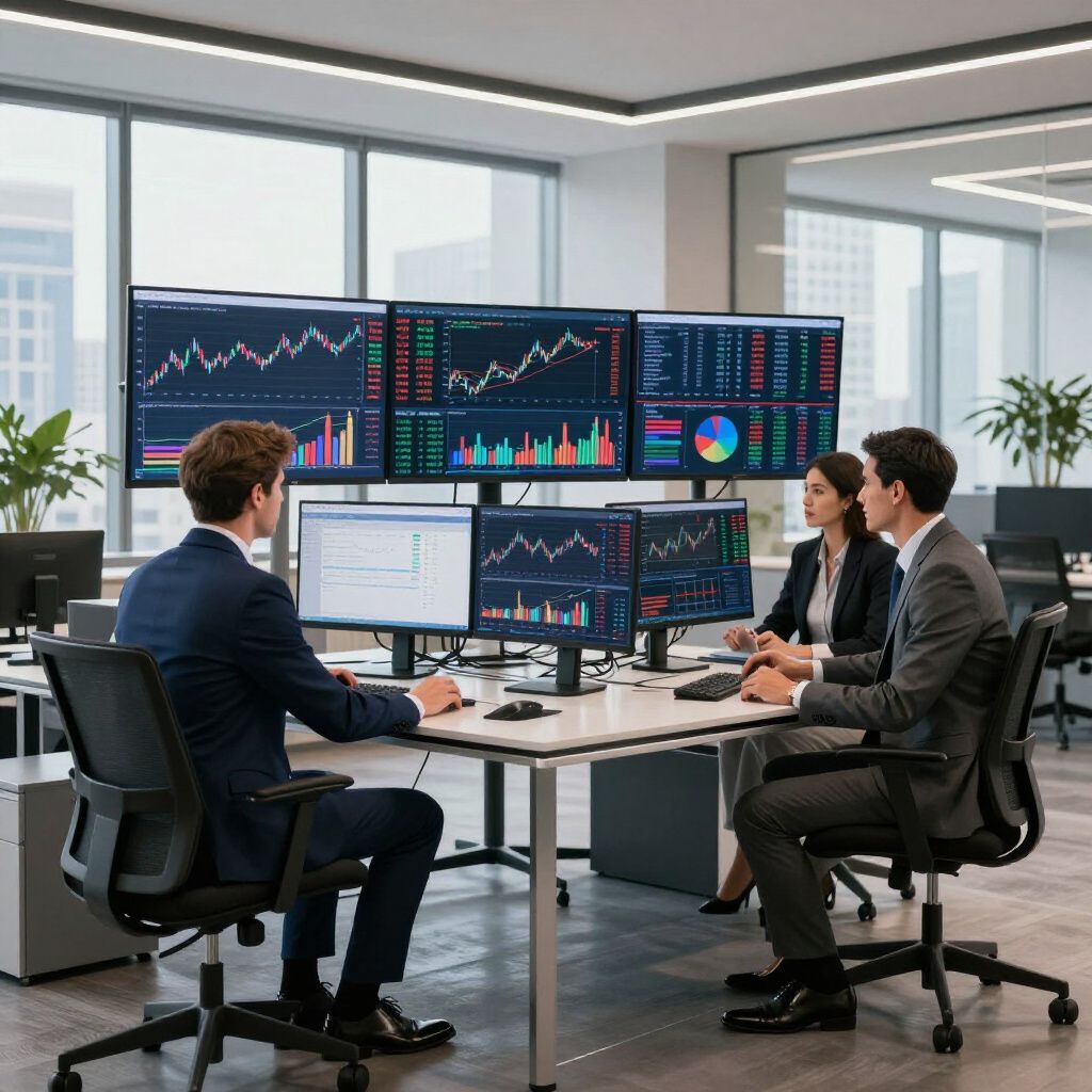 Businesspeople in suits analyze stock charts on multiple computer screens in an office.