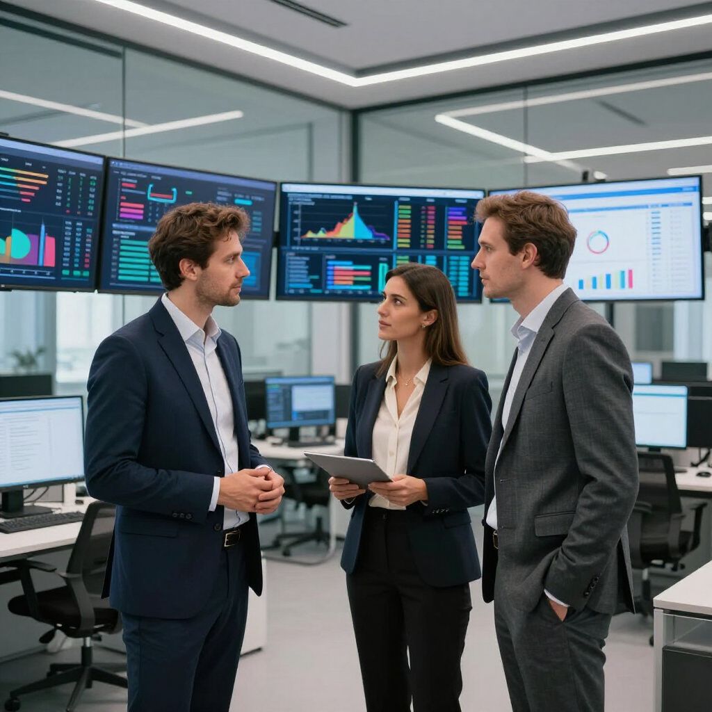 Three people in suits discussing data in a tech-filled office with large monitors displaying charts.