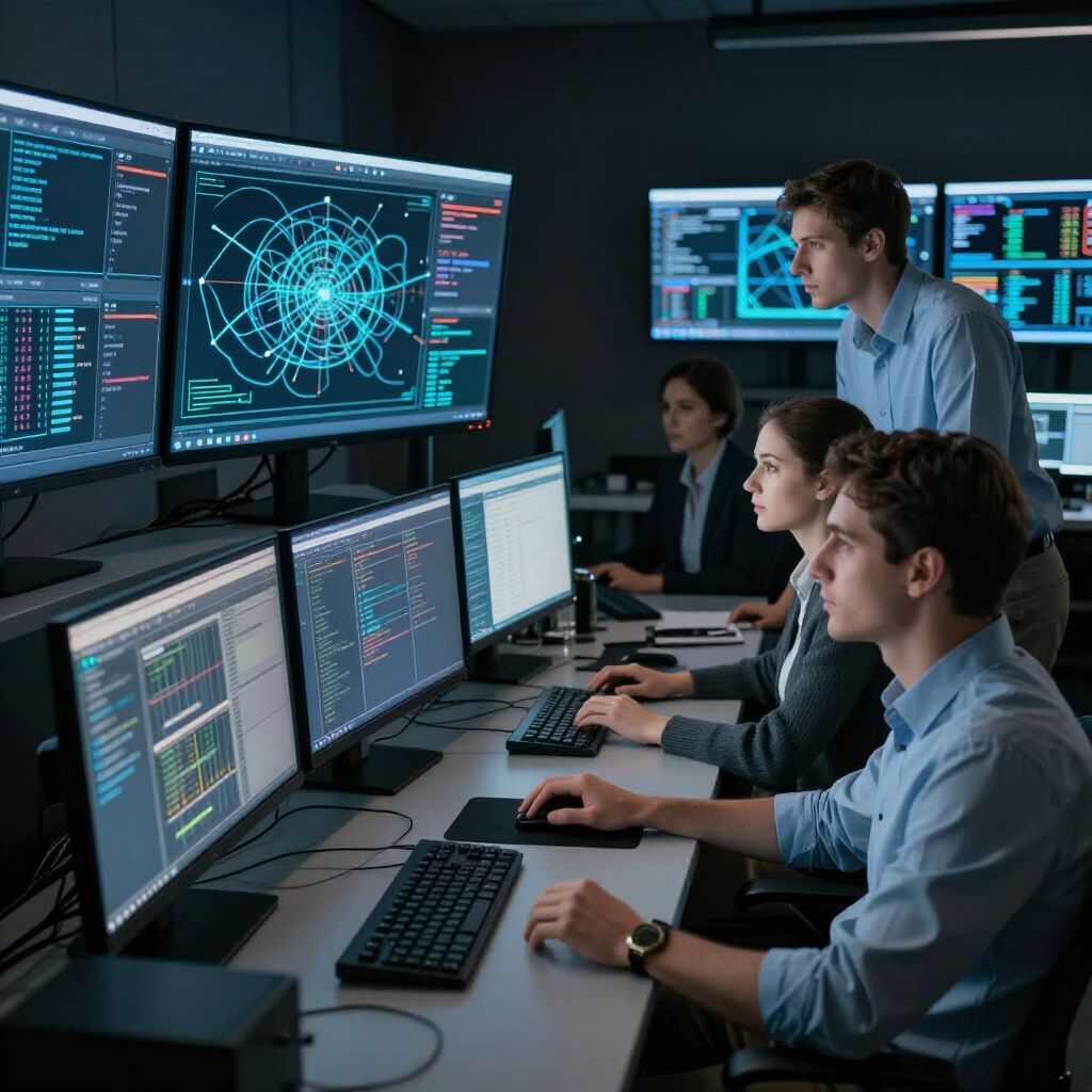People working at computers in a dark room with many monitors displaying data and graphs.