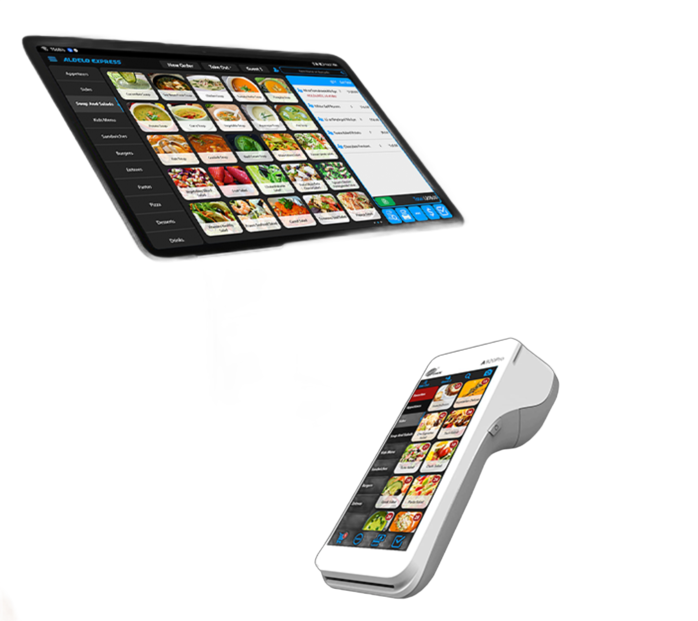 Point of sale (POS) system with a touchscreen display on a stand and a handheld card reader,