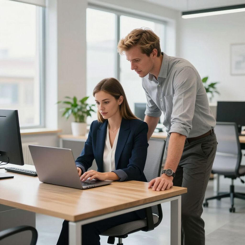 Woman in suit works on laptop, man leans over looking at the screen in an office setting.