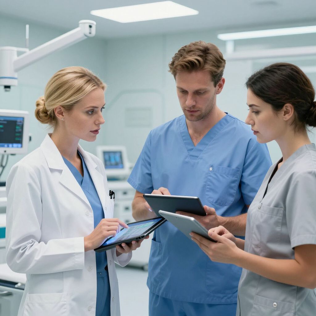 Medical professionals reviewing information on tablets in an operating room.