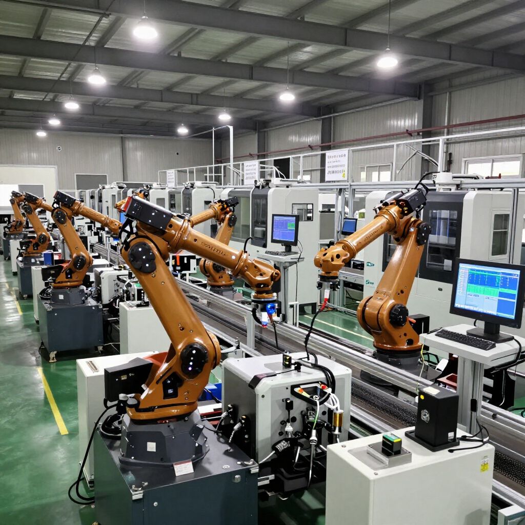 Robotic arms in a factory, orange and black, assembling products. Conveyor belt, monitors, and machinery.