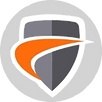 Gray shield with orange swoosh in a gray circle.