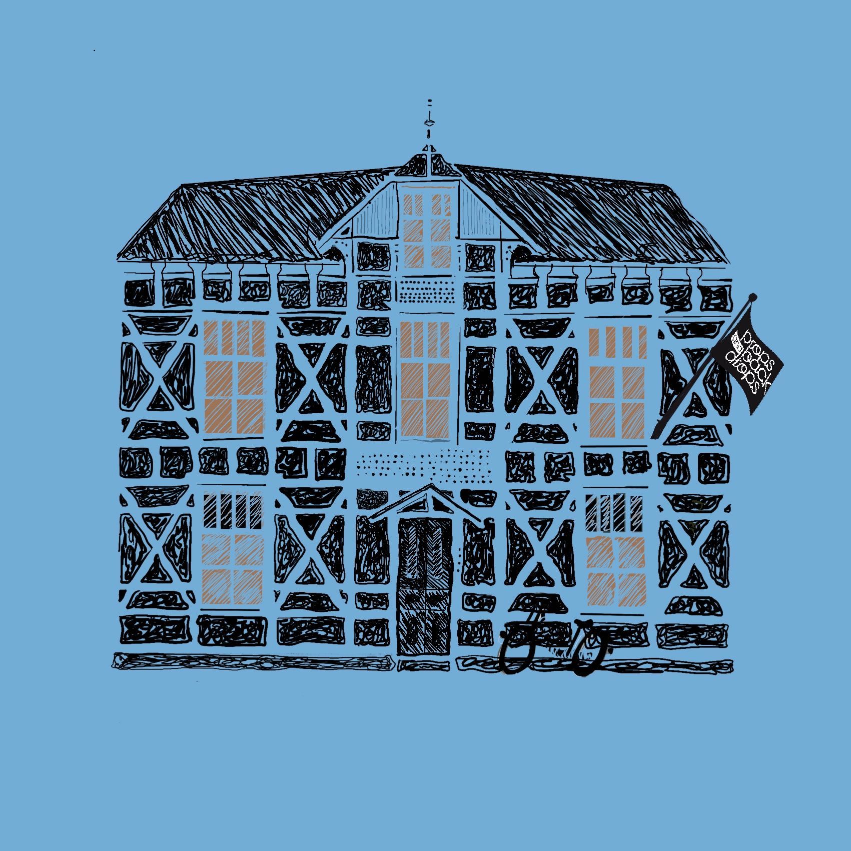 Zwart-witschets van een vakwerkgebouw met ramen, tegen een lichtblauwe achtergrond.