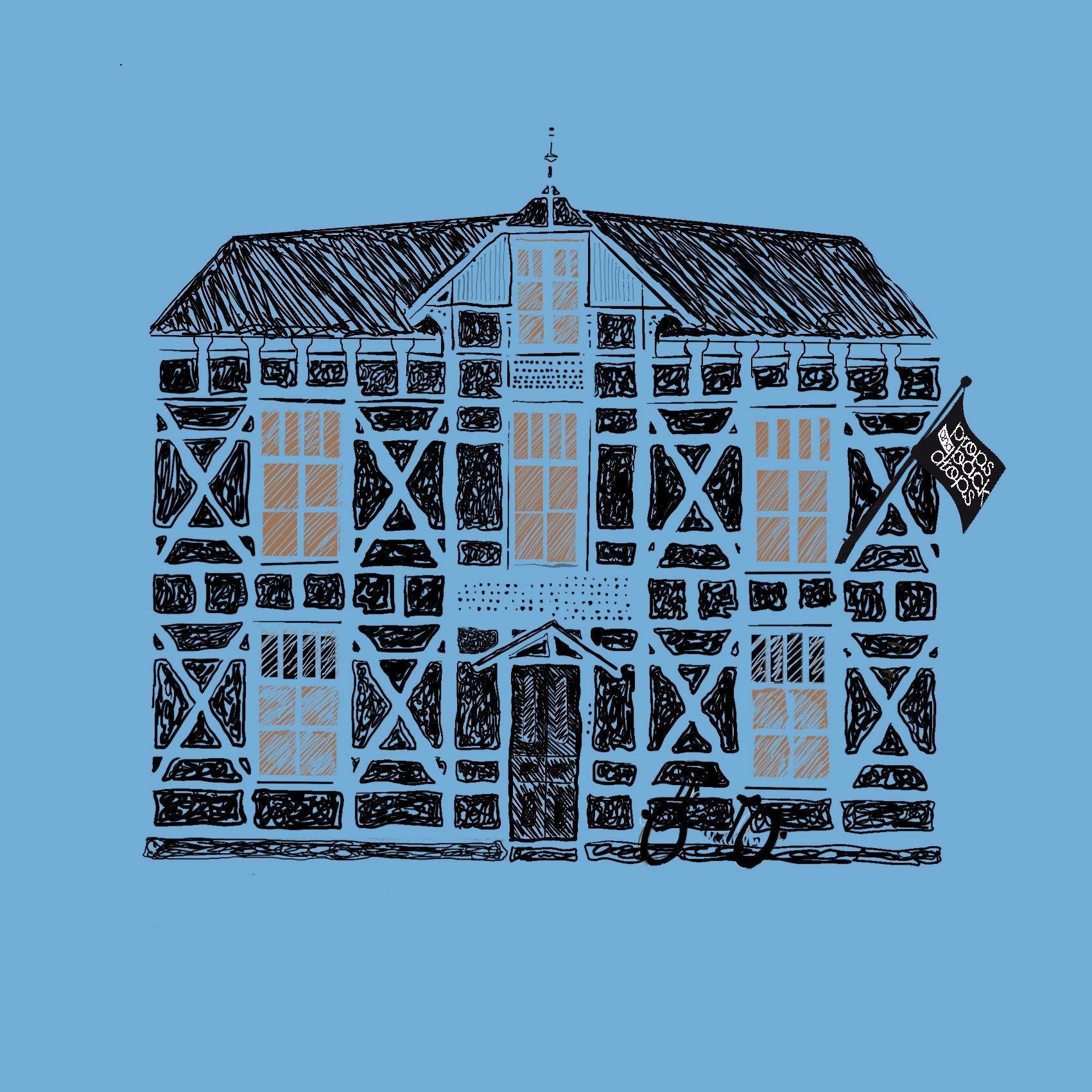 Zwart-witillustratie van een vakwerkhuis met bruine ramen, tegen een blauwe achtergrond.