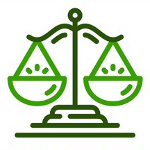 A green scale of justice icon on a white background.