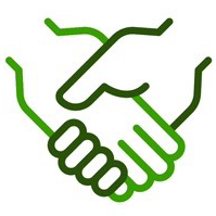 A green icon of two hands shaking each other on a white background.