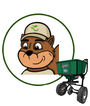 A cartoon squirrel wearing a hat is next to a green spreader.