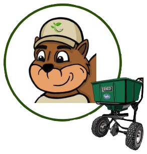 A cartoon squirrel wearing a hat is next to a green spreader.