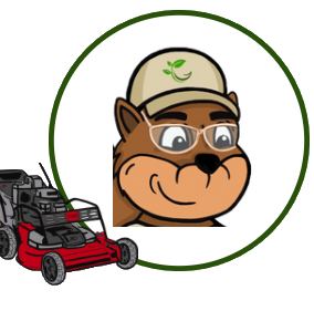 A cartoon squirrel wearing glasses and a hat next to a lawn mower