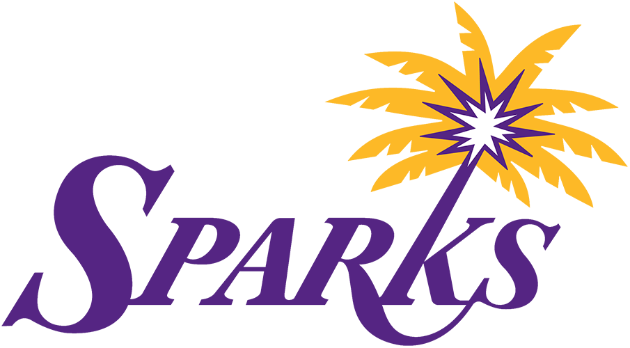 A purple and yellow logo for sparks with a palm tree