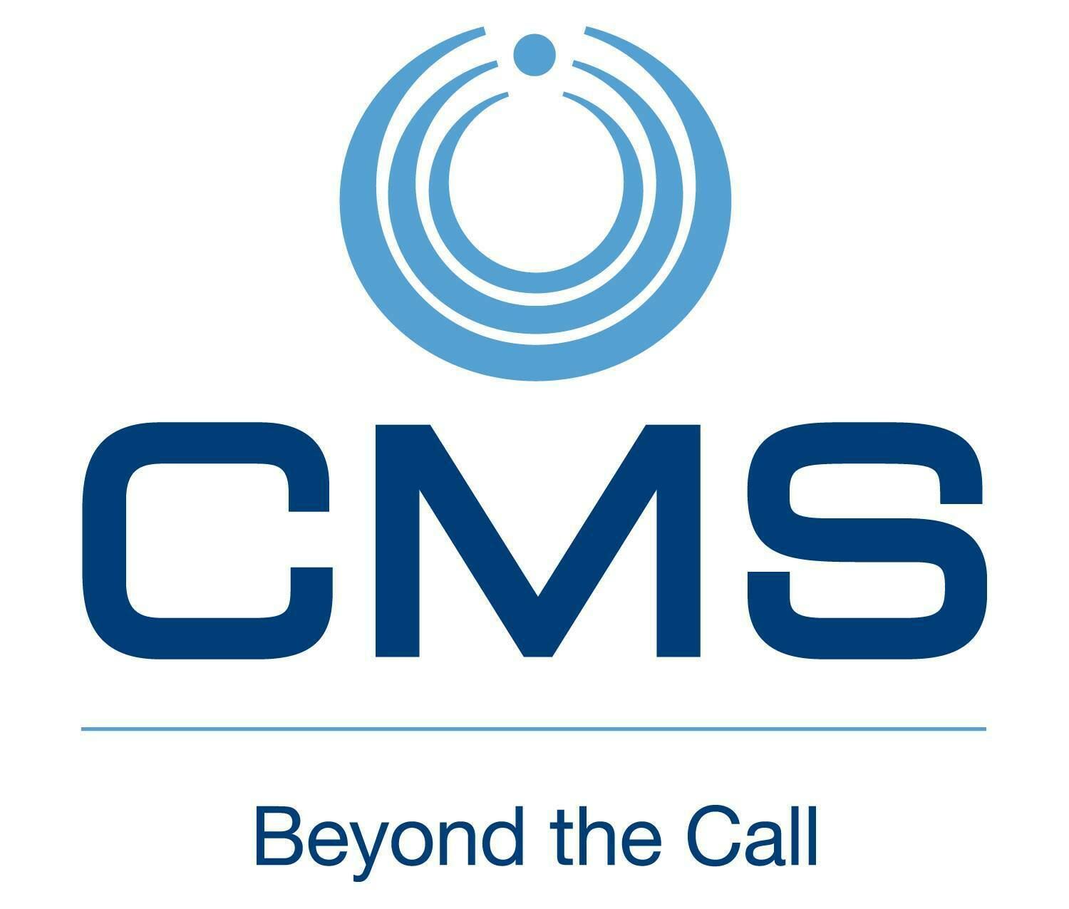 The cms logo is blue and white and says beyond the call