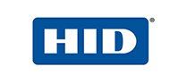 A blue and white hid logo on a white background.