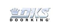 The logo for dks door king has a crown on it.