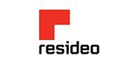 A red rectangle with the word resideo underneath it on a white background.