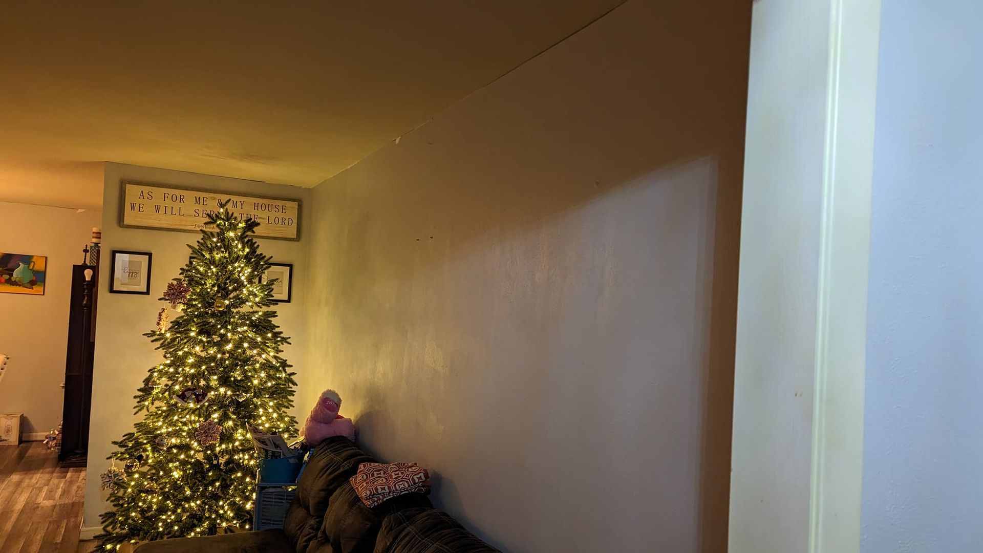 Christmas tree with lights in living room; couch, walls.