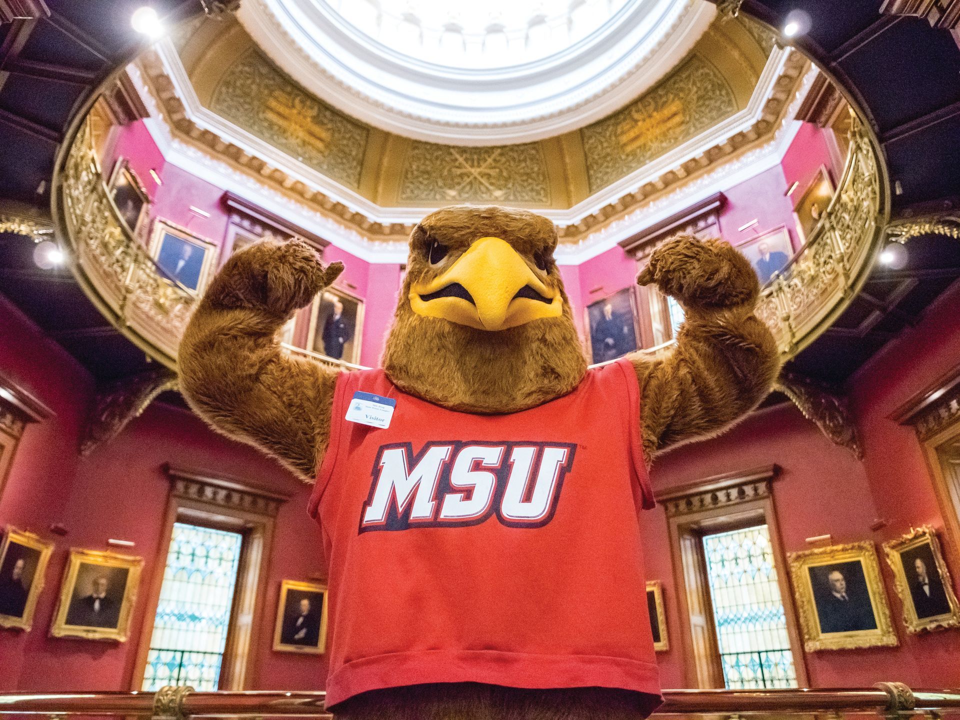 A mascot wearing a msu jersey is standing in a room.