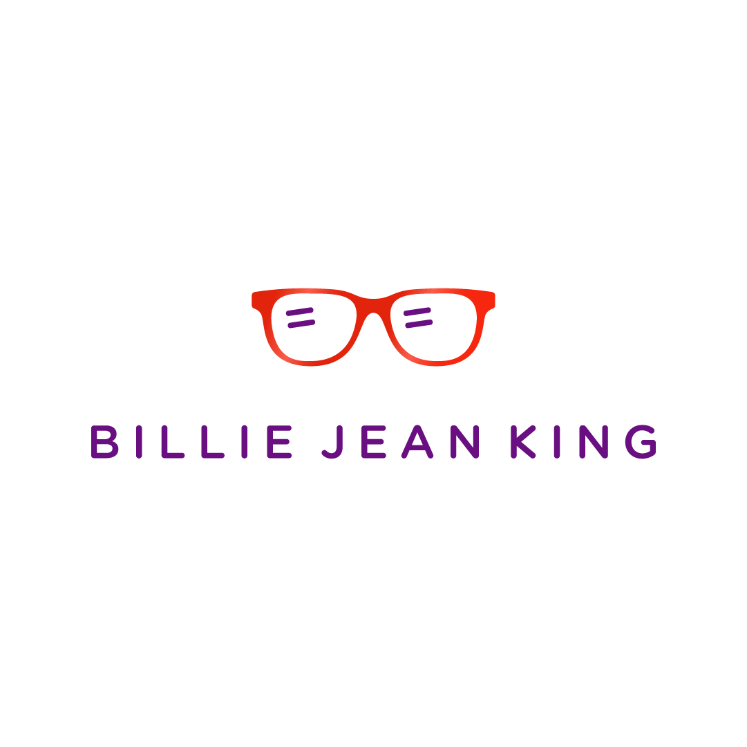 A logo for billie jean king shows a pair of glasses