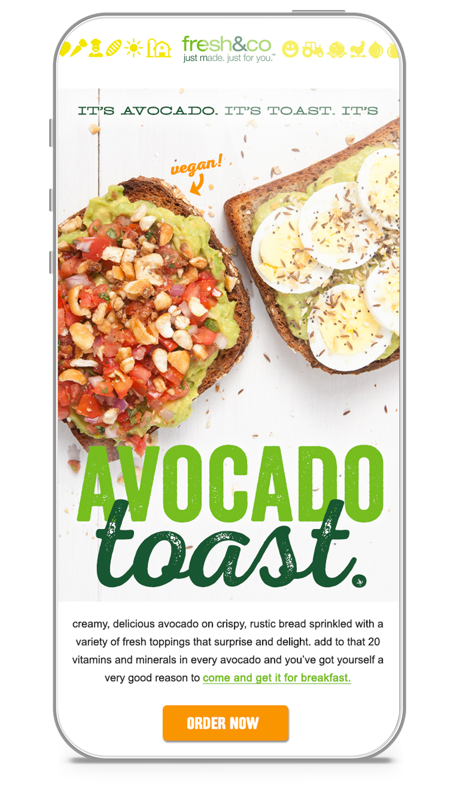 A cell phone with a picture of avocado toast on it.