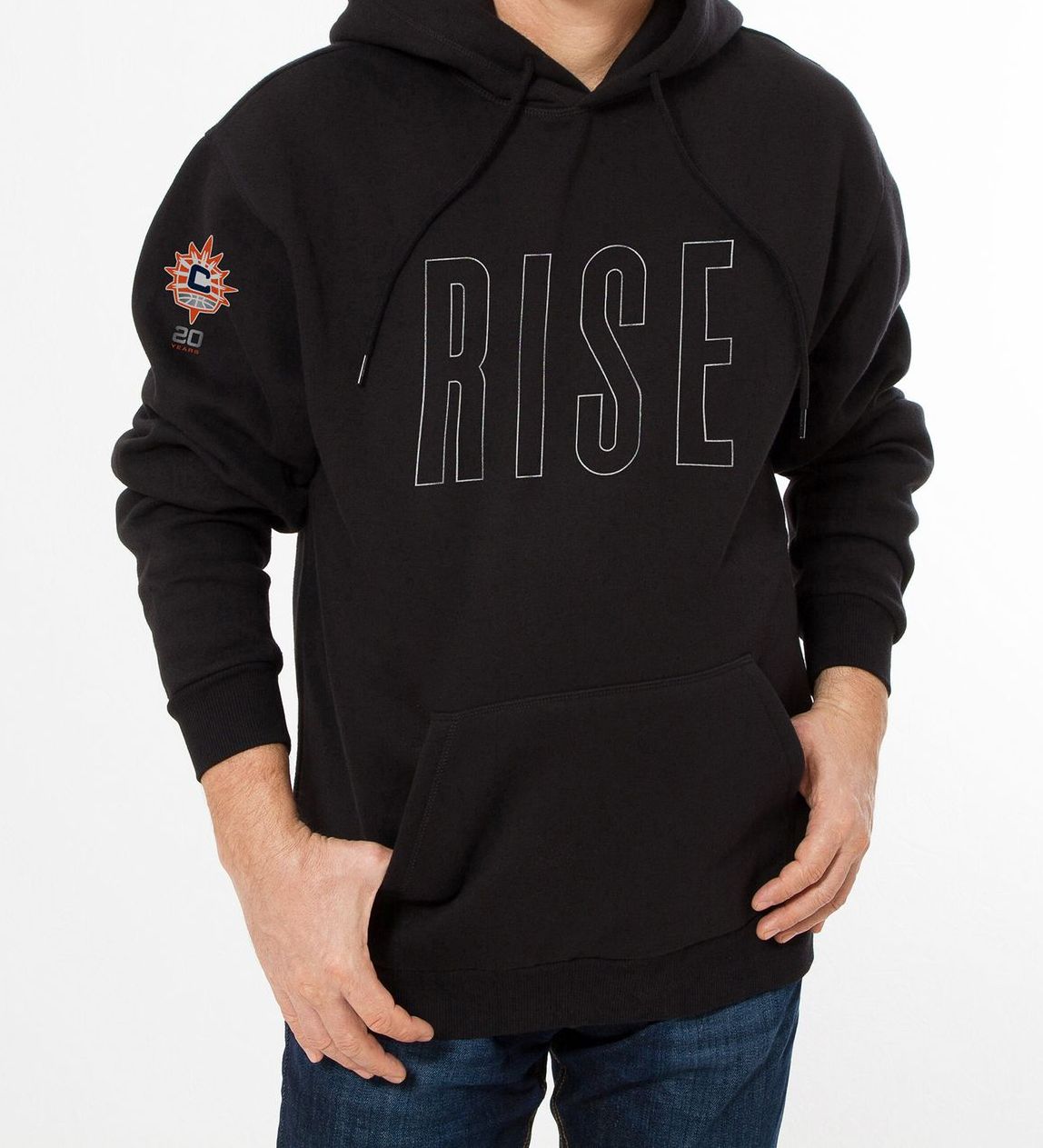 A man wearing a black hoodie with the word rise on it