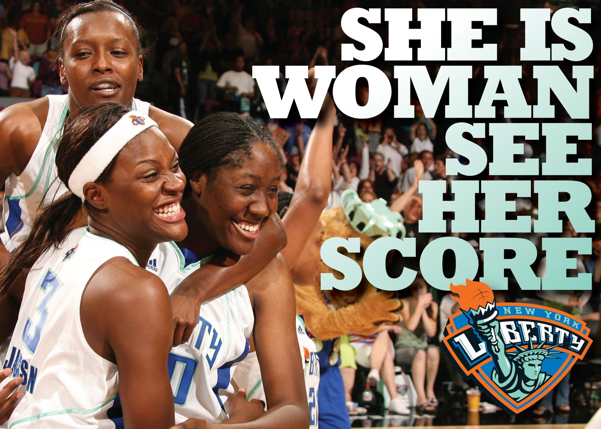 A poster for the liberty basketball team says she is woman see her score